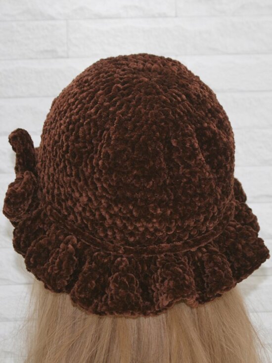 HAND CRAFTED Hat Crochet Bucket Chenille Winter Full Ruffle Brown Wide Brim main image 7